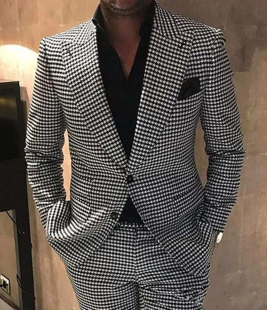 

Houndstooth Groom Tuxedos Peak Lapel Men Wedding Tuxedo Fashion Men Jacket Blazer Men Prom Dinner Darty Suit(Jacket+Pants)