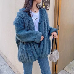 Women Real Fox Fur Knitting OverSize Loose Spring Fox Fur Strip Sewed Together Outside Decoration Lady's Fashion Sweater Coat