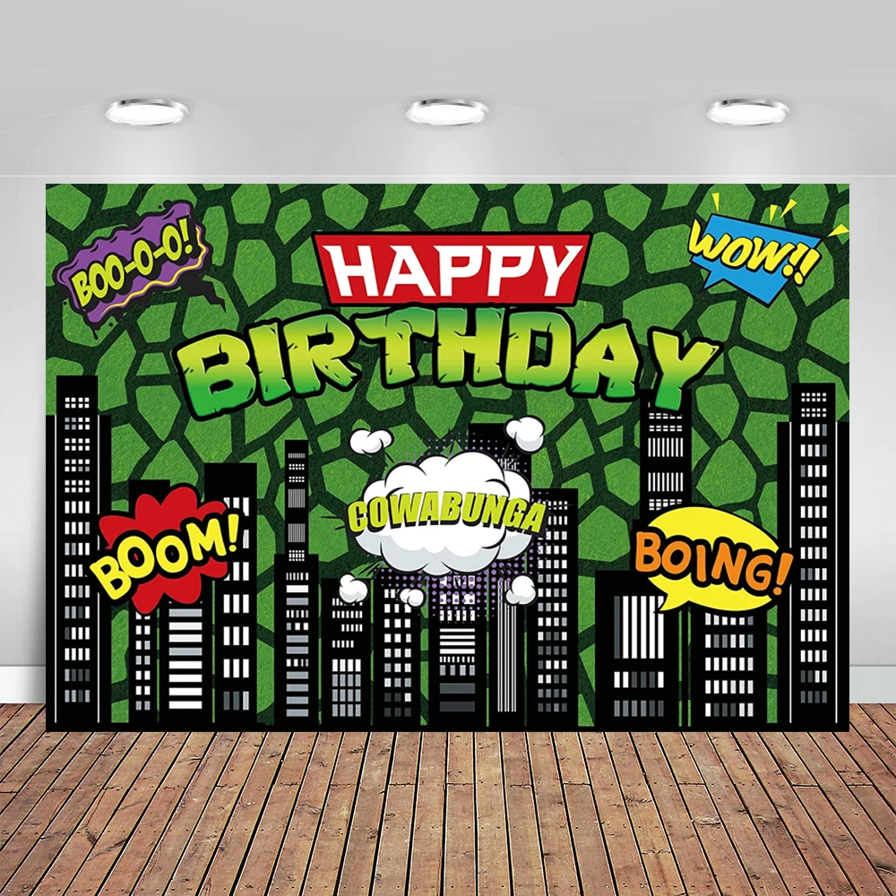 

Superhero Birthday Backdrop Green American Comics Cityscape Buildings Scenes Photography Background Boy Party Kids Banner