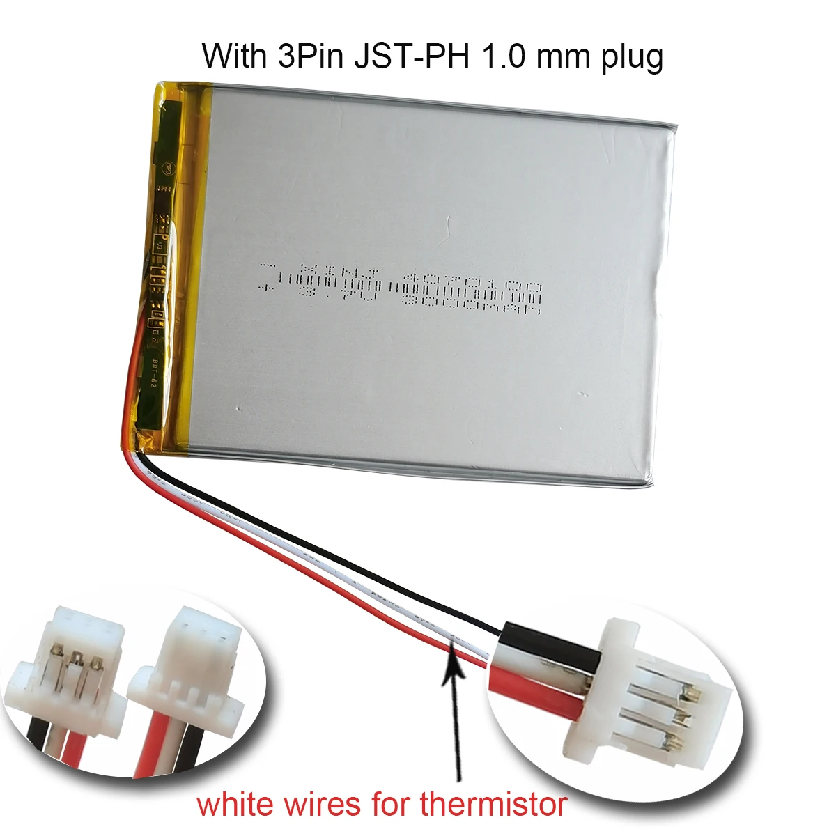 

3.7V 3000mAh 11.1Wh Rechargeable 3-Wires Thermistor Li Lithium Battery 4070100 JST 3pin 1.0 1.25mm Connector For GPS Tablet PC