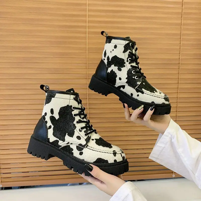 Fashion Designer Autumn And Winter Cows Women\'s Boots Short Boots Female Students Retro Knight Boots Thick-soled Mid-tube Boots