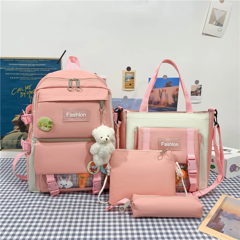 

4 Pcs Set Stamp Women Laptop Backpack School Bags For Teenage Girls 2021 Canvas Simple Toy Student Kid Book Bag Fashion Rucksack