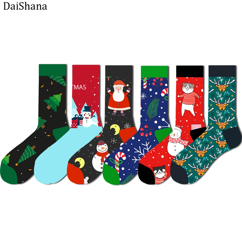 DaiShana – chaussettes de noël en coton unisexe, collection automne-hiver, nouvel an, arbre de noël, élan des neiges, cadeau heureux