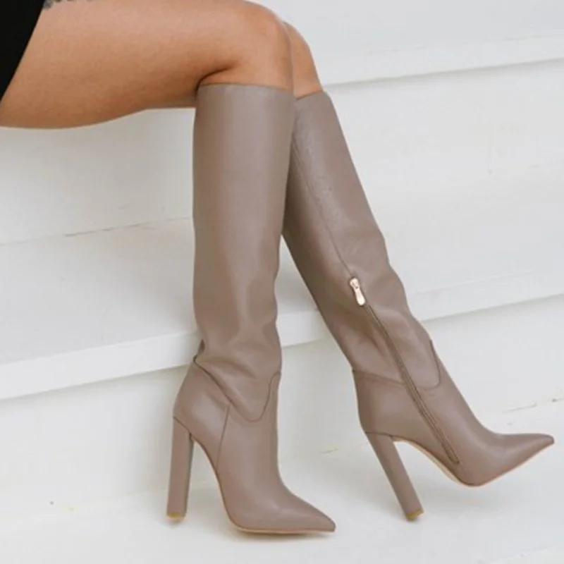 Newest Matte Leather Chunky Heels Boots Pointed Toe Zipper Thick Heels Tight High Boots Brown Black Gray Leather Tall Boots