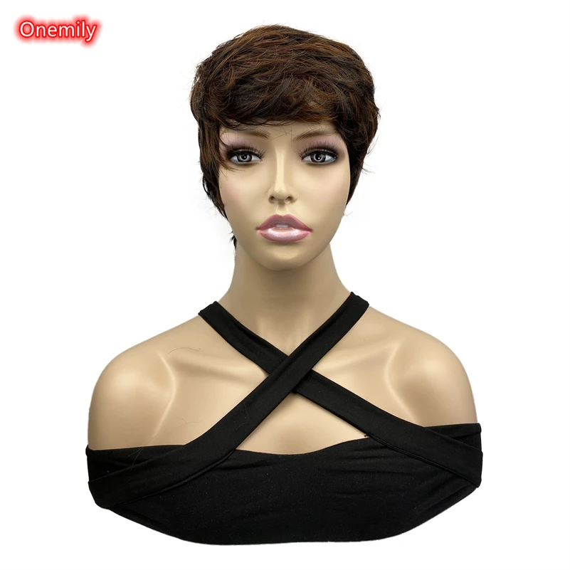 Onemily Short Straight Shaggy Pixie Cut Layered Brown Natural Synthetic Heat Resistant Fiber Daily Wigs