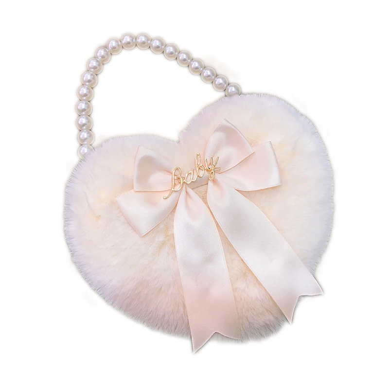 Original Lolita Love Heart Plush Hand-Carrying Bag Bow Cute Pearl Chain Plush Bag JK Bag