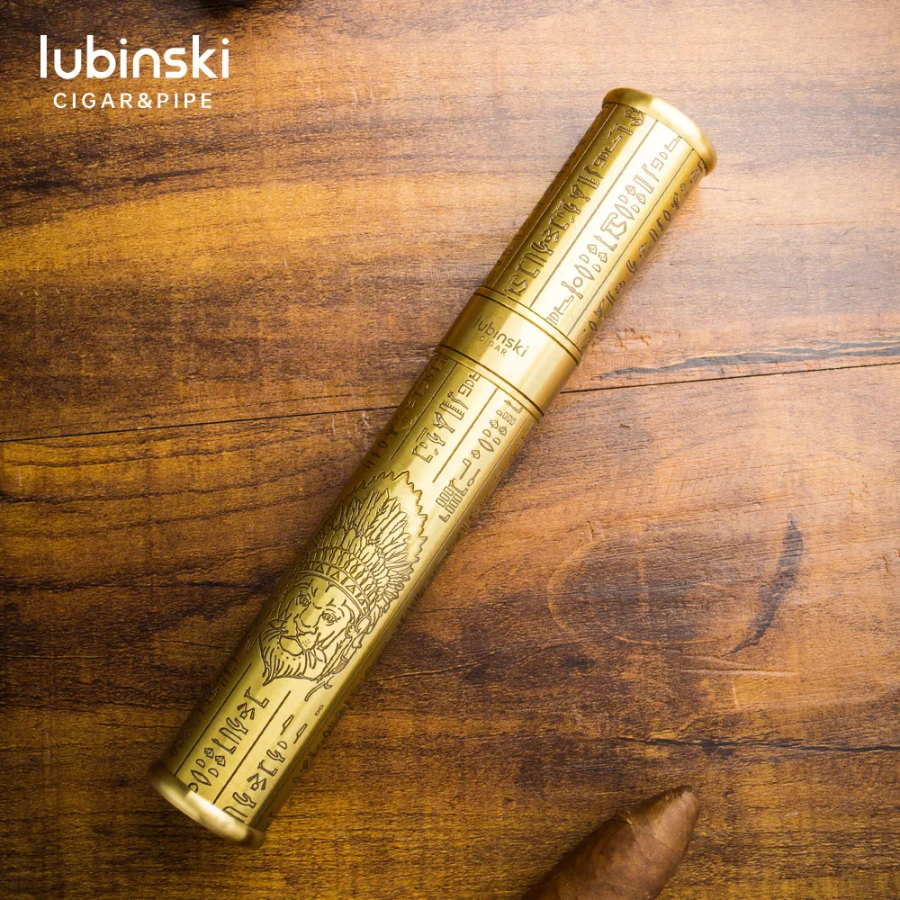 LUBINSKI Gold Copper Carving Single Cigar Accessories Big Diameter Gadgets Travel Portable Cigar Tube With Gift Box