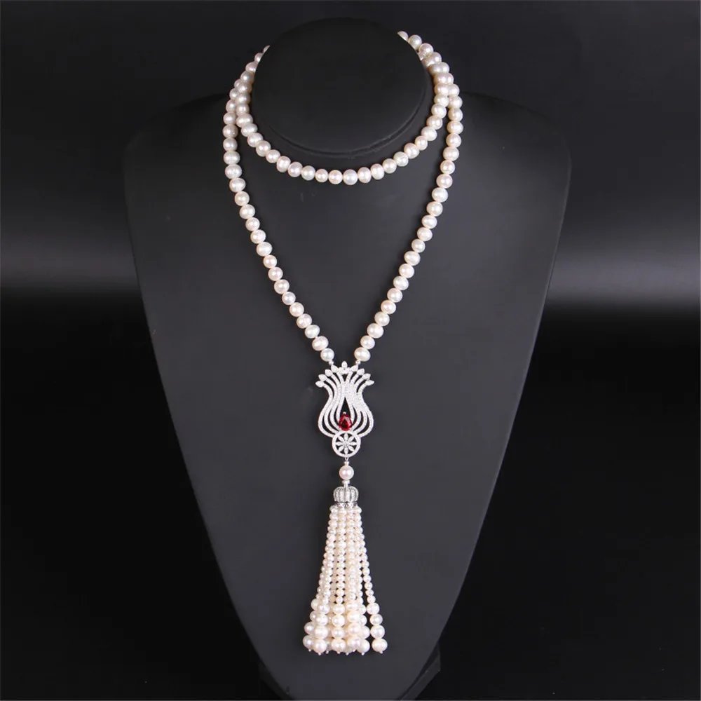 S925 Sterling Silver Long 8-9mm Pearl Necklace Women's Autumn Wedding Gift Fine Jewelry Pearl Sweater Chains 32inch