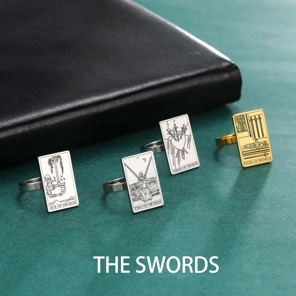 LIKGREAT Tarot Cards Ring The Swords Series Stainless Steel Gold Color Rings for Women Men Good Luck Esotericism Amulet Jewelry view 6
