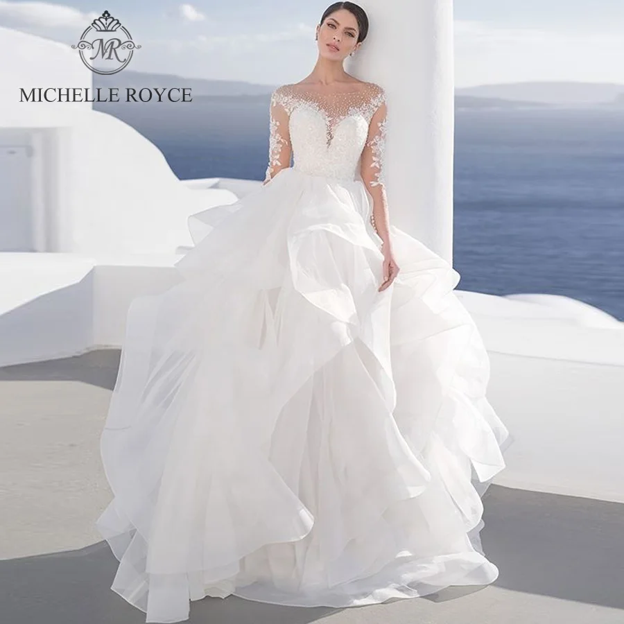 

Michelle Royce A-Ling Wedding Dresses 2020 Sweetheart Half Sleeve Appliques Illusion Cut-outTiered Chapel Train Vestido De Noiva