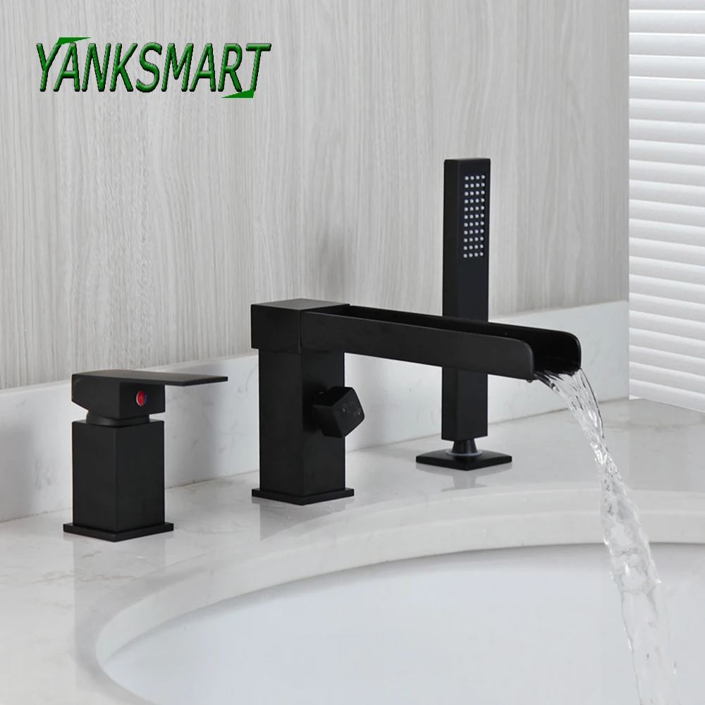 

YANKSMART 3 Pcs Matte Black Bathroom Faucet Basin Sink Deck Mounted Bathtub Faucet Washbasin Hot And Cold Water Tap Combo Kit