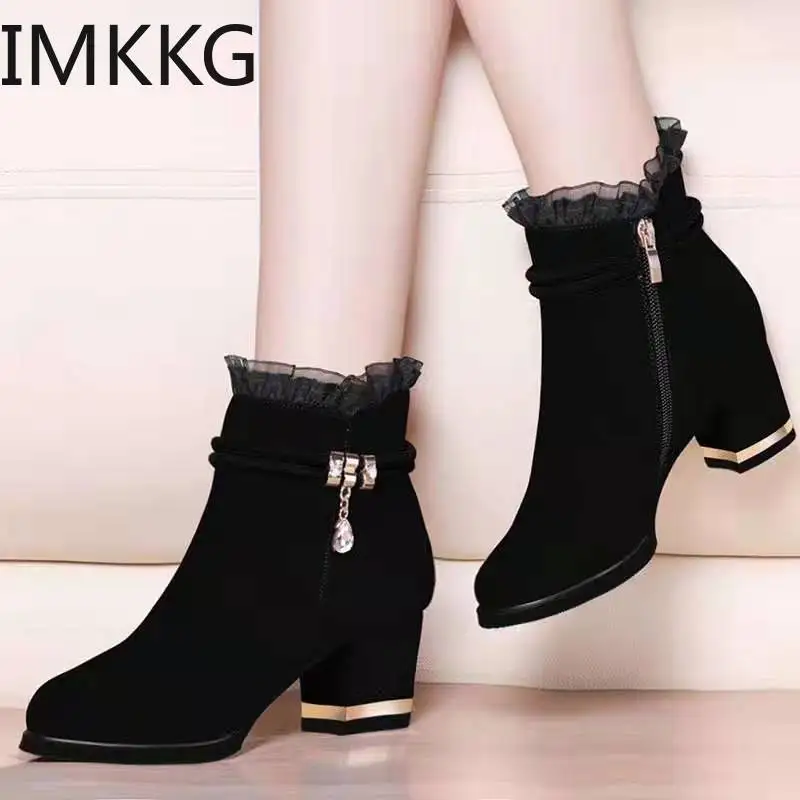 2020 new Elegant Ankle Boots Women\'s Lace Short Boot Lady Fashion Evening Party High Heel Shoes Suede Botas Classic Black