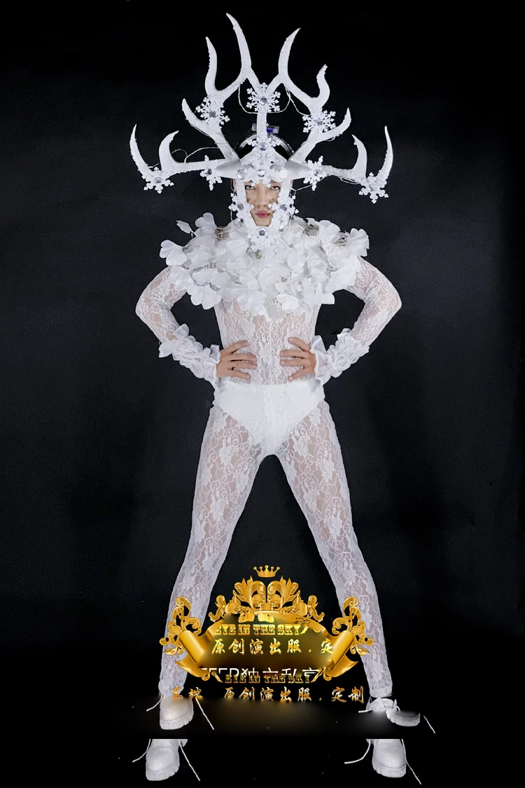 Dance Team White Party outfit stage wear Nightclub GOGO Men's DS White Christmas LED Light Antler Head Performance Costume