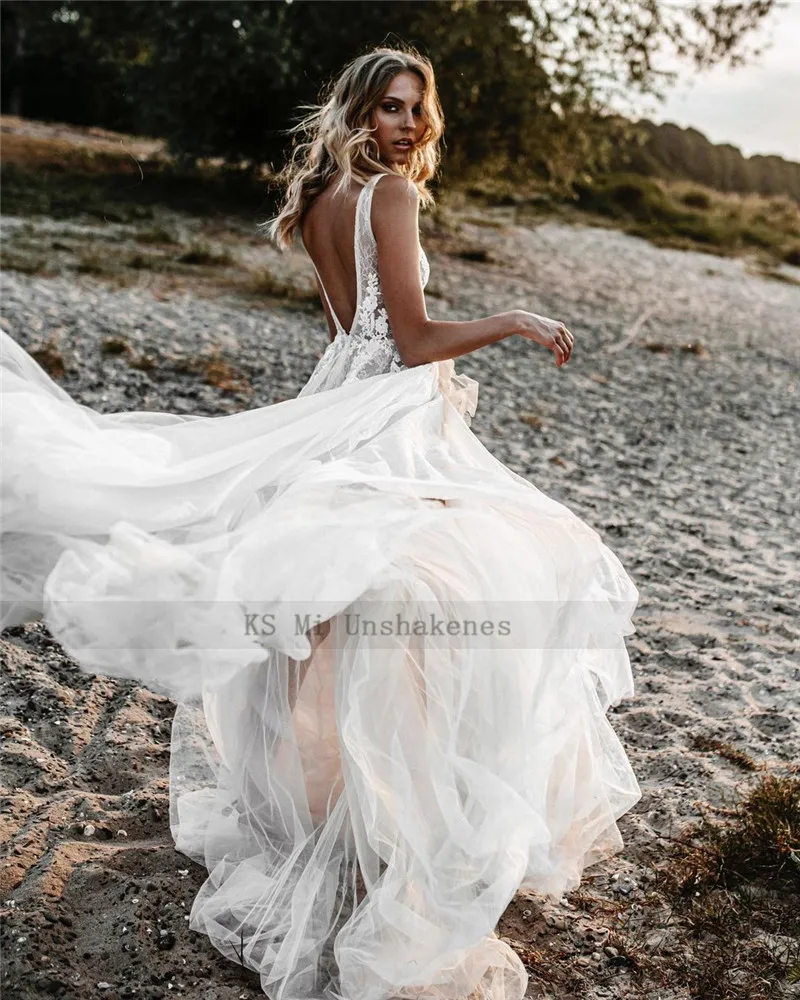 Sexy Boho Wedding Dress Lace Backless Wedding Gowns Romantic 2021 Beach Bridal Dresses A Line Haute Couture Robe de Mariage