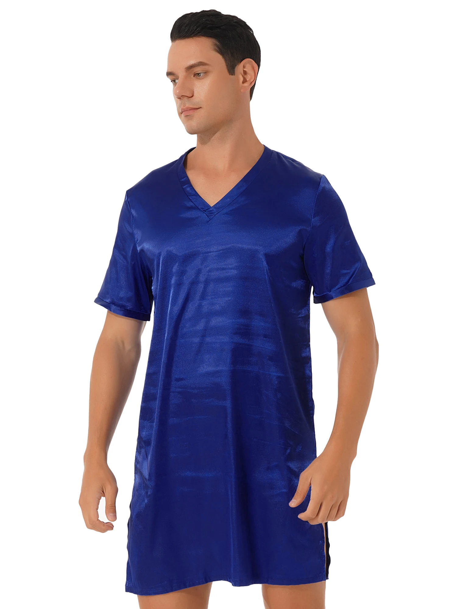 Sleepwear Men\'s Silk Satin Nightshirt Nightclothes Soft Loose Short Sleeve Pajamas Nightgown Summer Night Shirts for Sleeping