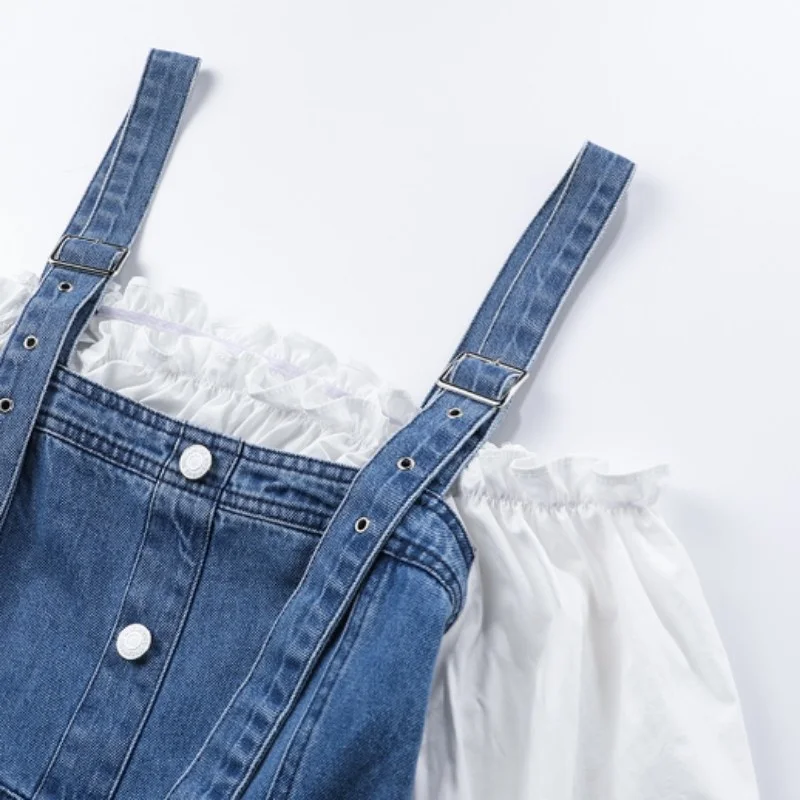 Two Fake Piece Denim Mid-Length Dress Office Lady High Waist Pullover Dress Square Collar Ruffle Sleeve Women Spring Slip Dress