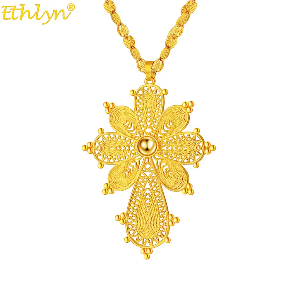 Ethlyn   Gold Color Ethiopian Eritrean Cross Pendant Necklace For Women/Men/Girls Party Daily Life Jewelry MY18