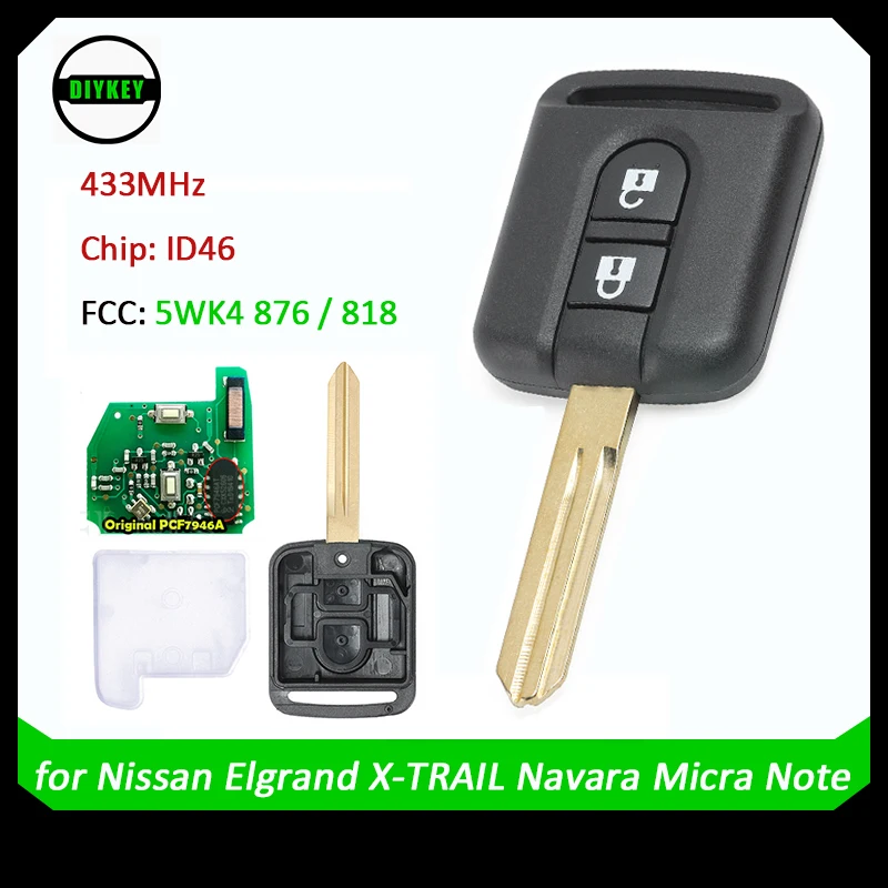 

DIYKEY Original 5WK4 876 5WK4 818 433MHz ID46 Fob For Nissan Elgrand X-TRAIL Qashqai Navara Micra Note NV200 2 Button Remote Key