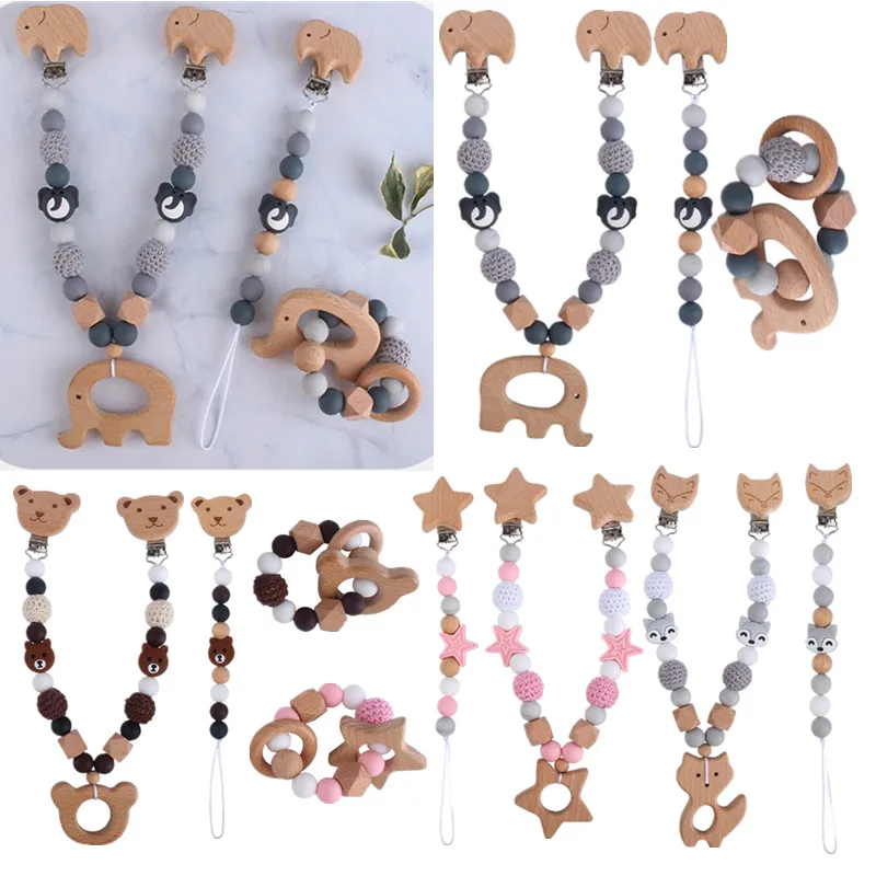 Baby Stroller Hanging Clip Pendant , Mobile Rattle On The Crib,Silicone Beads Pacifier Clip Chain,Wooden Bracelet Stroller Toy