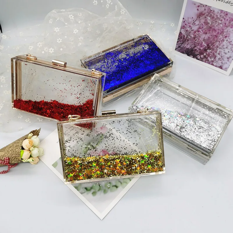 Women\'s Luxury Liquid Glitter Acrylic Clutch Purse Quicksand Powder Transparent Box Bags Summer Beach Handbags With Metal Chain