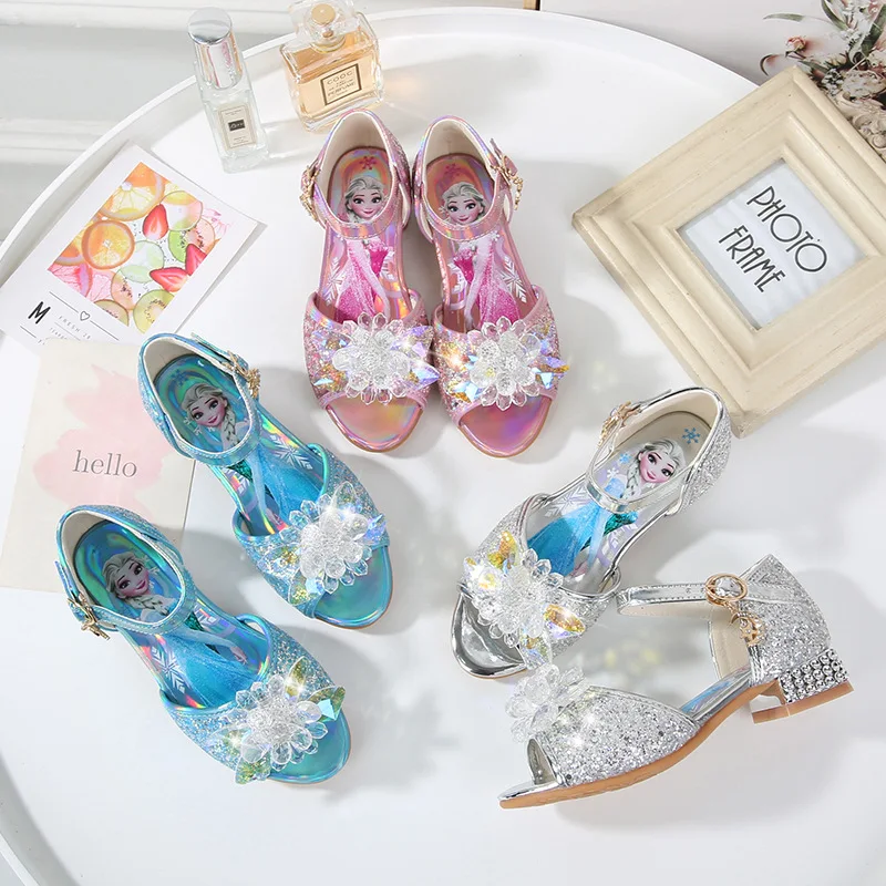 2021 Frozen Sandals Girls Party Shoes Leather Glitter Crystals Rhinestones Knot Kids Shoes Elsa Sandals Birthday Christmas Gift