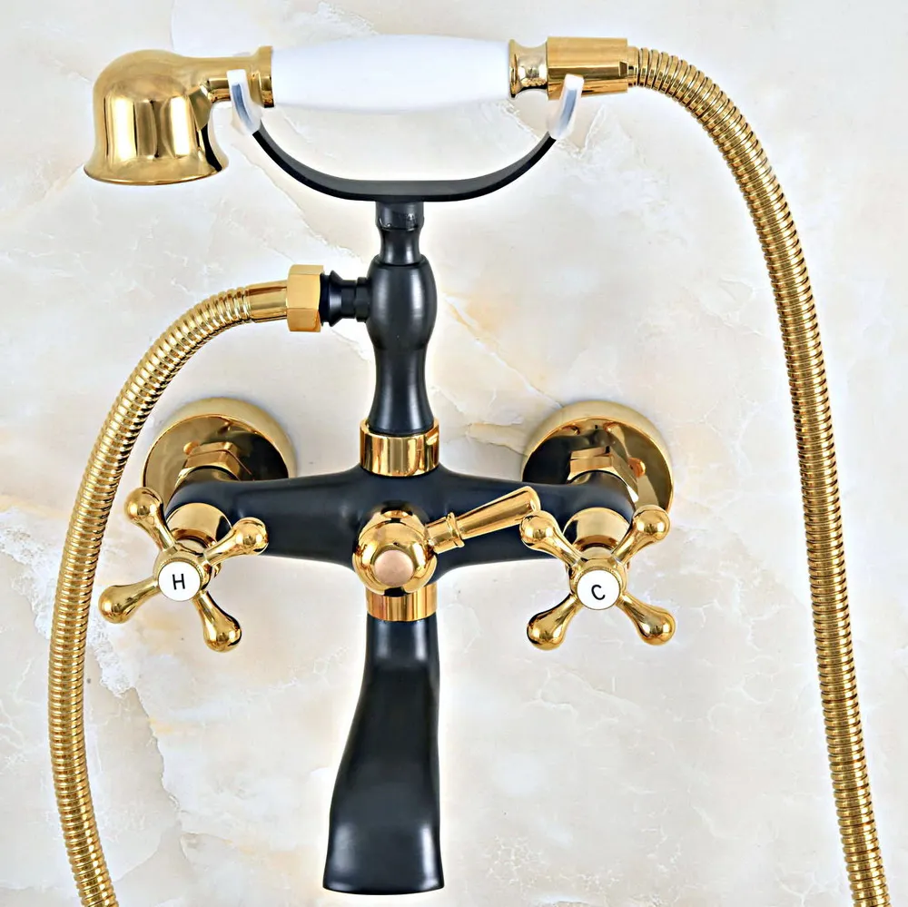 

Black Gold Dual Handles Brass Bathtub Faucet Set Wall Mount with Handshower Bath Shower Mixer Taps zna460