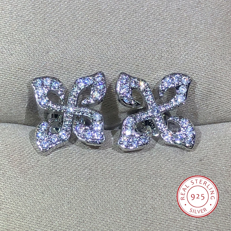 

925 Sterling Silver Simple Four-Leaf Clover White Zircon Earrings For Ladies Surround Earring Party Birthday Jewelry Gifts
