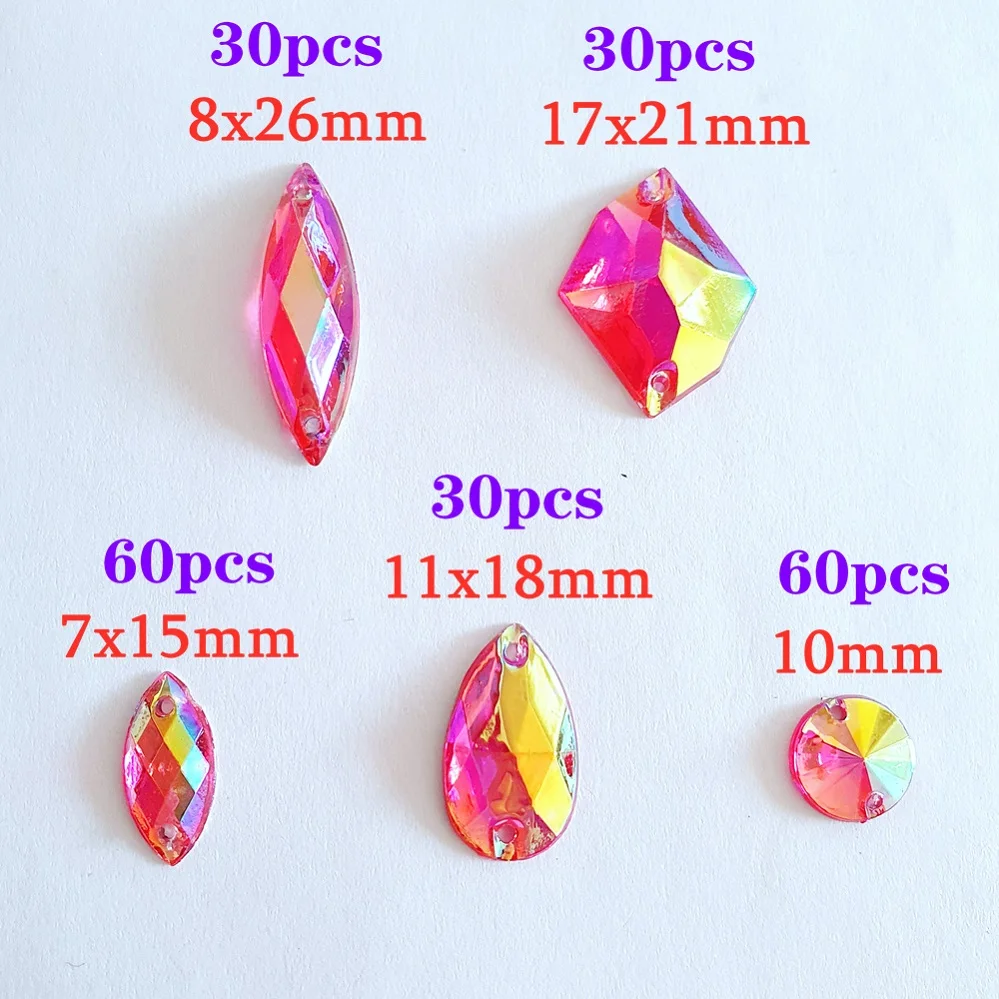 210Pcs Acrylic Fuchsia Pink AB Sew on Decorative Ornamental Gems Stones Crystals Rhinestones For Designer Diy Handicraft Charms