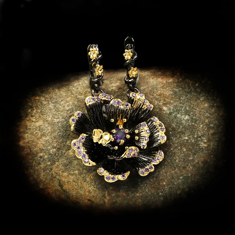 New retro sunflower earrings high-end flower zircon personality gold exaggerated black and gold two-tone earrings jewelry gift