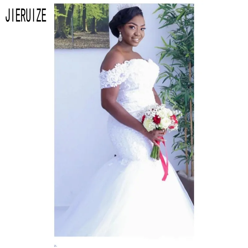 JIERUIZE African Beaded Wedding Dresses Off the Shoulder Appliques Lace Up Back Mermaid Wedding Gowns Princess vestido de noiva