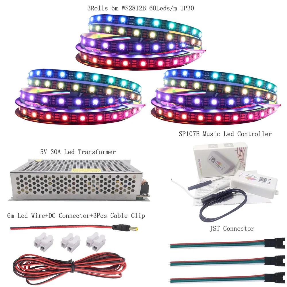 WS2812B WS2812 RGB Led Strip Light Individually Addressable IC SP107E Bluetooth Music ControIIer DC5V Transformer Power SuppIy