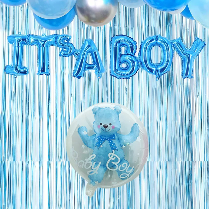 To chłopiec Witamy Baby Shower Dekoracje Baner Foliowy Balon Wózek Niedźwiedź Butelka dla dziecka Lalka Deszczowa Kurtyna Frędzel Witamy w domu