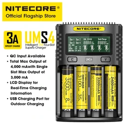 NITECORE UMS4 Vier slots Intelligente batterijlader USB-C 4A QC Snel opladen Prachtige oplader voor 18650 14500 26650 21700 AA AAA