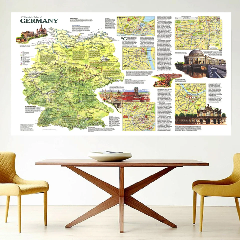 150*100cm Travel Map of Germany In 1991 Vintage Poster Non-woven Canvas Painting Living Room Home Decoration School Supplies