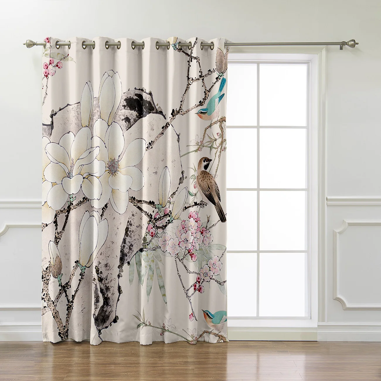 Gray China Flower And Brid Living Room Curtains Floral Design Curtain for Kids Bedroom Window Treatment Drapes