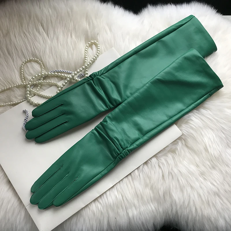 Female Long Genuine Leather Gloves,100% Sheepskin Women's Long Gloves,Green Winter Long Real Leather Gloves Cold protection