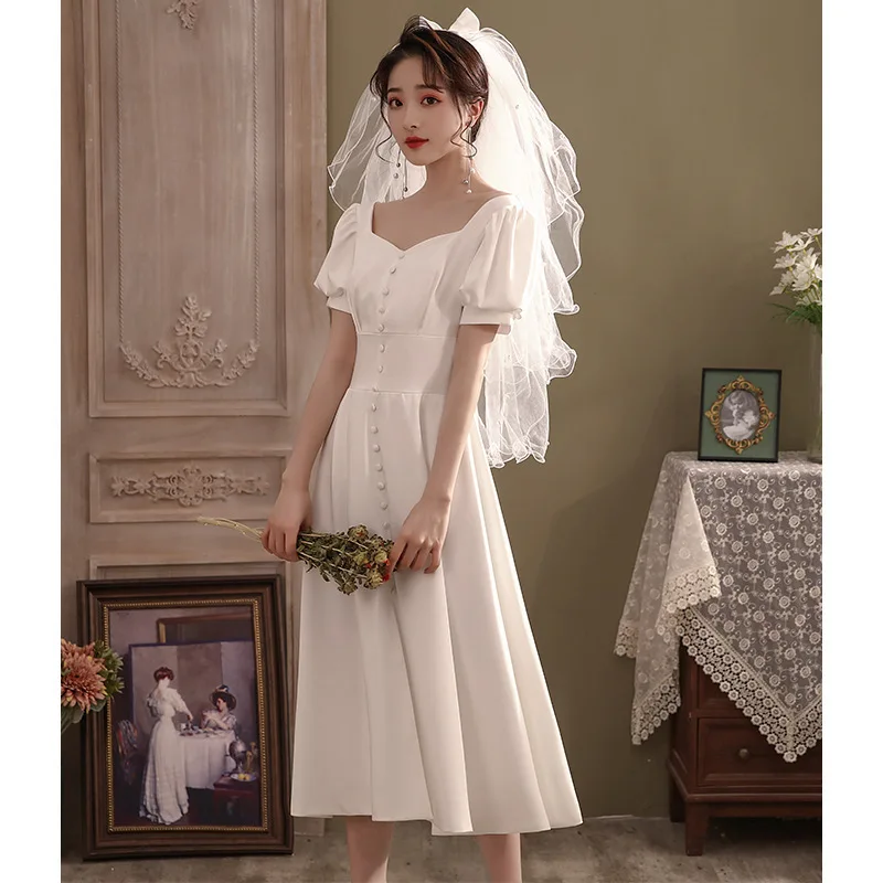 Sweetheart Neck Simple Soft Satin Wedding Dresses Elegant A Line Puff Short Sleeves Knee Length Modest Summer Bridal Gown SWD047