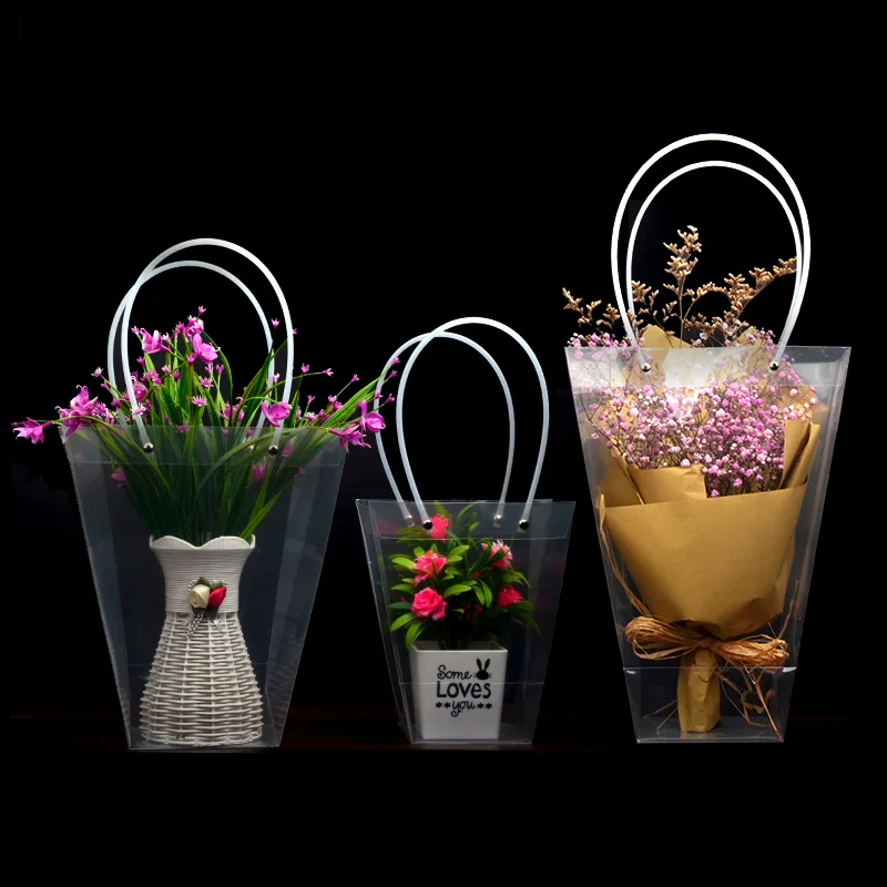 

PP Transparent Square Bag PVC Rope Bonsai Clear Bag Flower Christmas Gift Packaging Shopping Carrier Soft PVC Handle