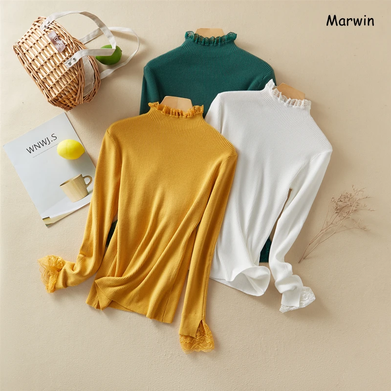 Marwin 2020 New-Coming Autumn Winter Solid Turtleneck Pullovers Female High Street Style Lace Sleeve Women Sweater