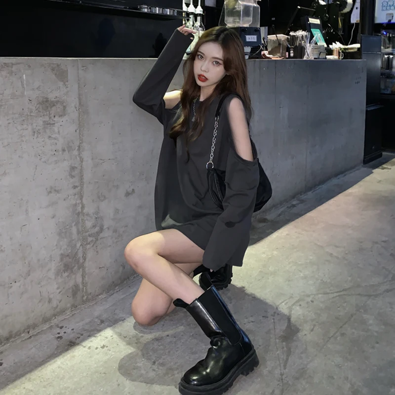 Sweatshirts Women Spring Sexy Cool Vintage Female Hole Off Shoulder Korean Style Loose Chic Fashion Solid Streetwear All-match