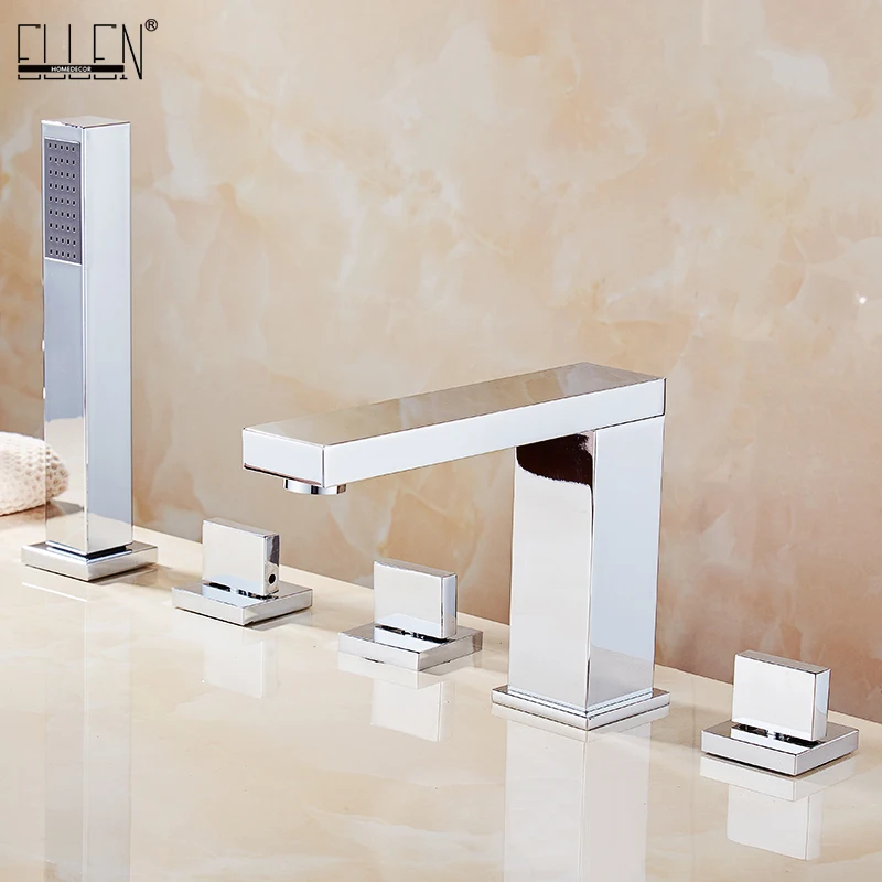 

ELLEN Solid Brass Bathroom Bathtub Faucets 5 Holes Bath Shower with Hand Shower Deck Mount Water Mixer Tap Chrome ELB110