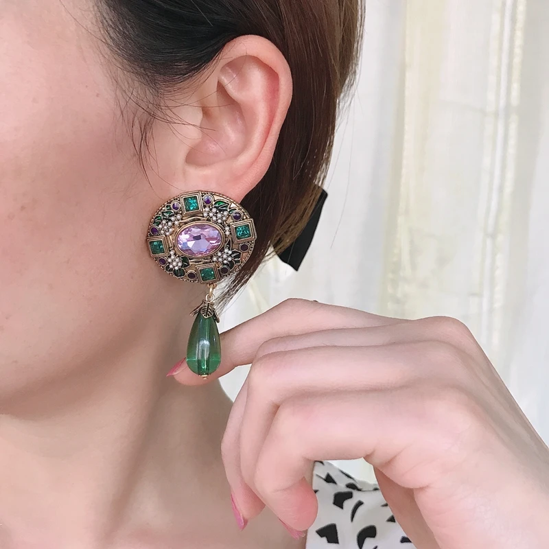 Ethnic Stud Earrings Exaggerate Statement Green Teardrop Pendant Piercing Jewelry Vintage Accessories