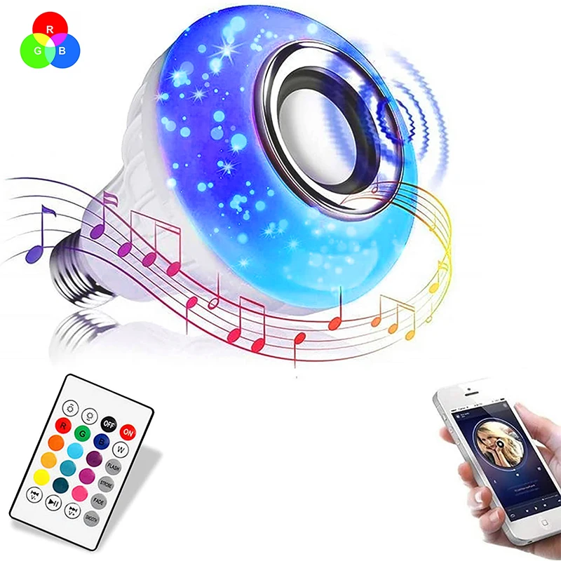 E27 LED Wireless Light Bulb Speaker Smart Changing LED Lamp Wireless Music Stereo Audio Lamp with 24 Keys Control 15W 110V 220V