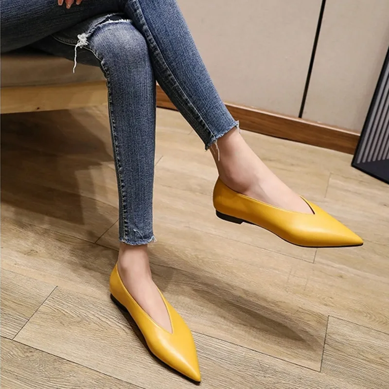 New Branded Pure Yellow Vintage Evening Shoes Ladies Fashion Brand Pointed Toe V Cut Woman Shoes Flat Shoes Female Flats C372