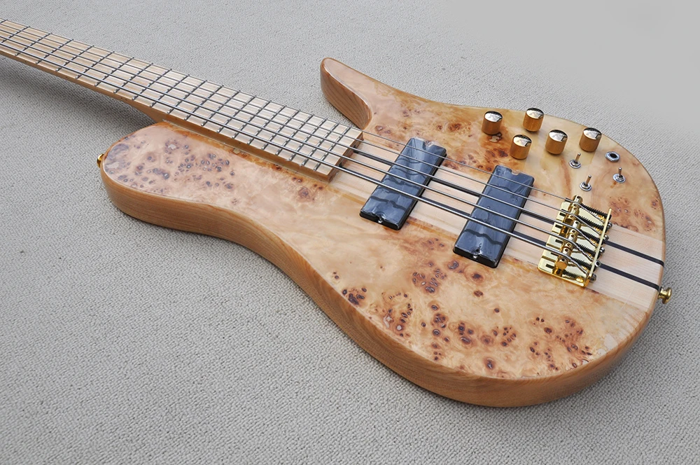 5 Strings Neck-thru-body Electric Bass with Burl Maple Veneer,Active Circuit,Maple Fretboard