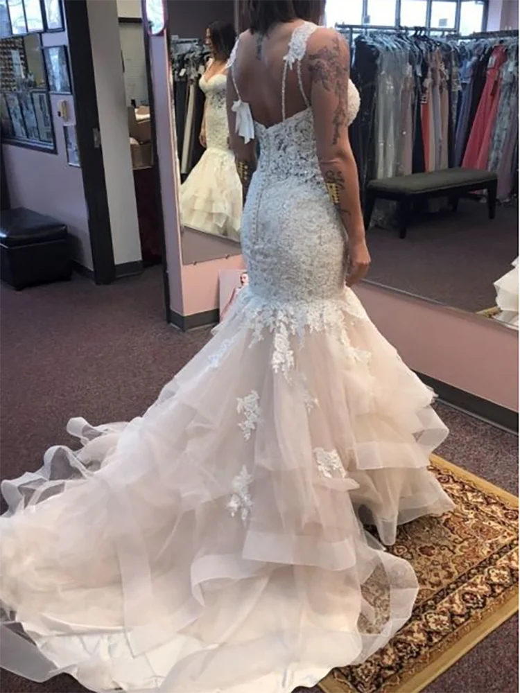 Puffy Skirt Long Mermaid Wedding Dresses 2021 Ruffles Lace Appliques Spaghetti Straps Corset Bridal Gowns Sexy Open Back