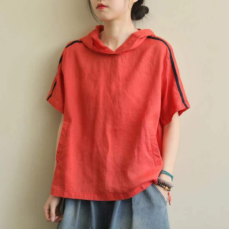 

New 2020 Summer Arts Style Women Short Sleeve Loose T-shirt All-matched Casual Cotton Linen Hooded Tee Shirt Femme Tops M148