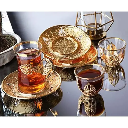 LaModaHome Turkish Arabic Tea of Glasses Set of 6 with Gold Color Holders, mırrars and Saucers - Fancy Vintage Handmade Set, Gift,