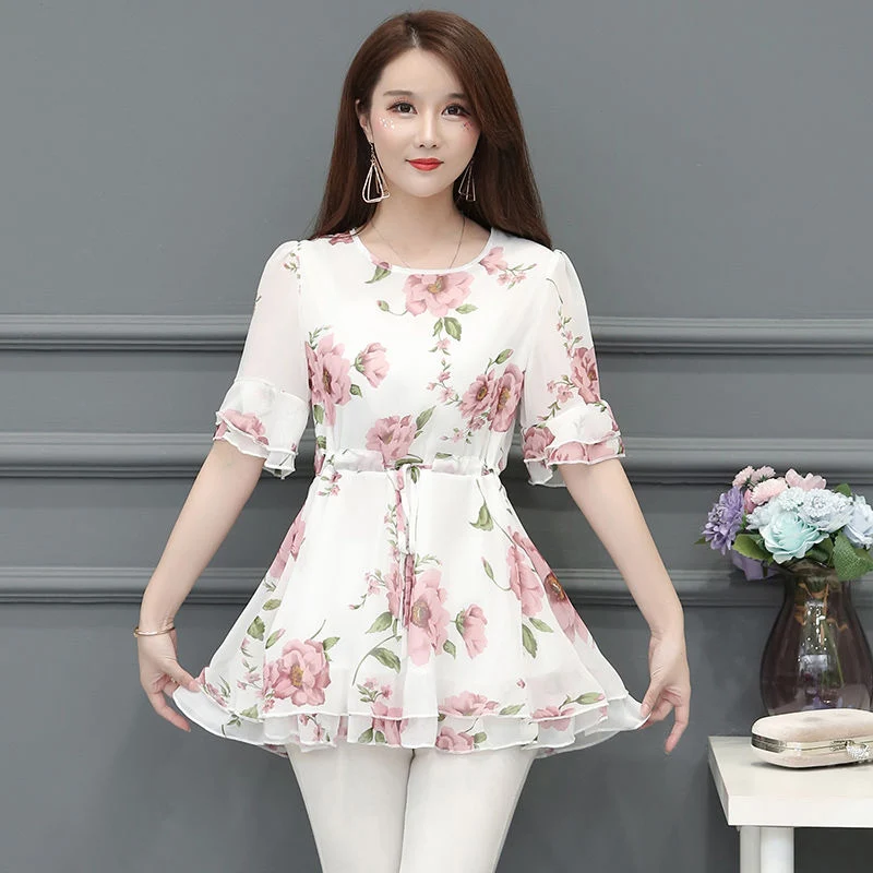 Women Spring Summer Style Chiffon Blouses Shirts Lady Casual Short Flare Sleeve O-Neck Flower Printed Blusas Tops DF2964