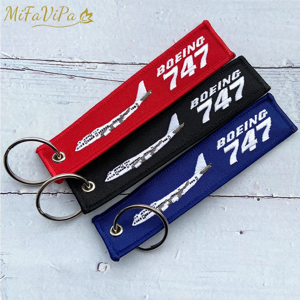 3 PCS Fashion Trinket Boeing 747 Keychain Phone Strap Red Black and Blue Embroidery Aviation Key Chains for Men Flight Crew